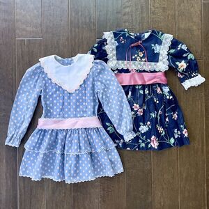 2 Vintage Peaches 'n Cream Girls Dresses 5T Blue Floral with Ribbons